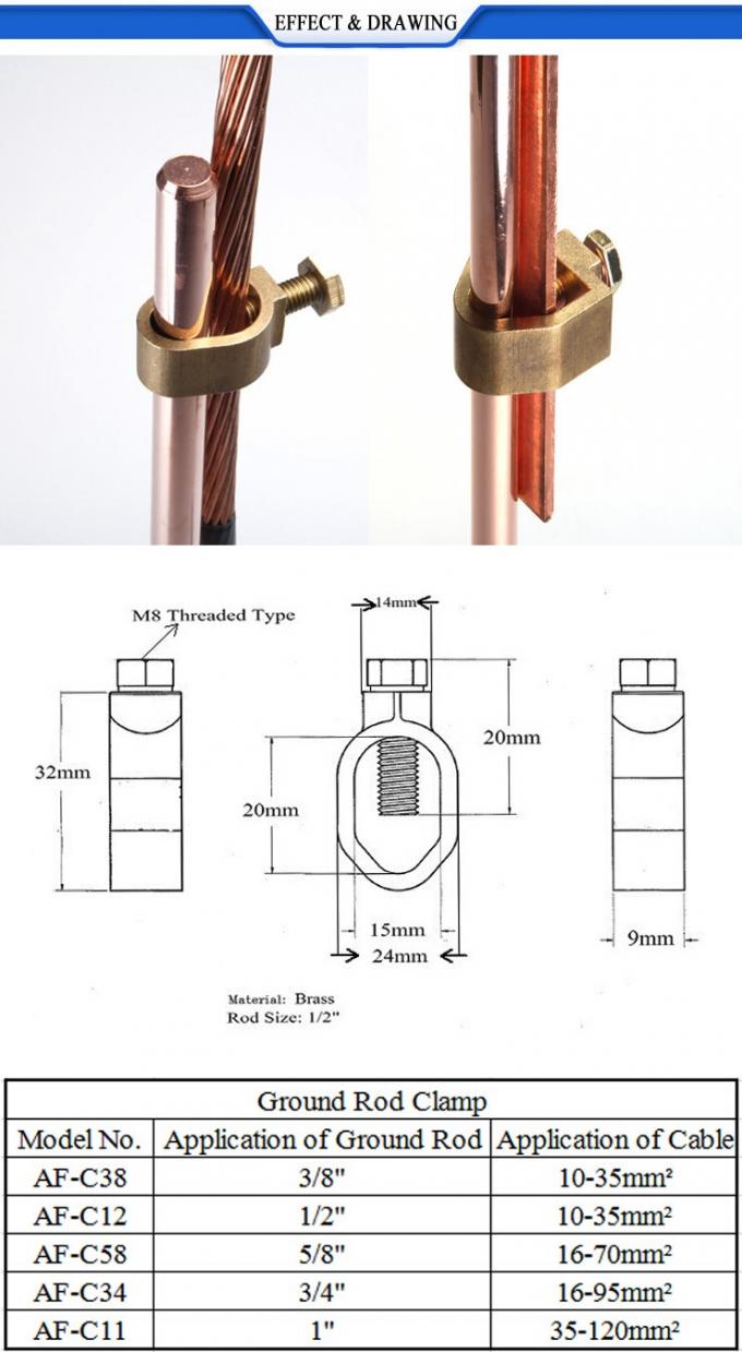Brass Electrical Connector Wiring Groud Rod Clamps / earth rod clamp electrical wire clip for grounding connector